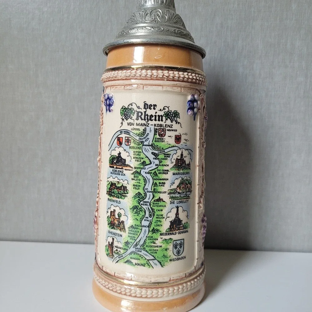 Vintage Thewalt German Beer Stein Lidded Der Rhein Map Castle Relief Handpainted